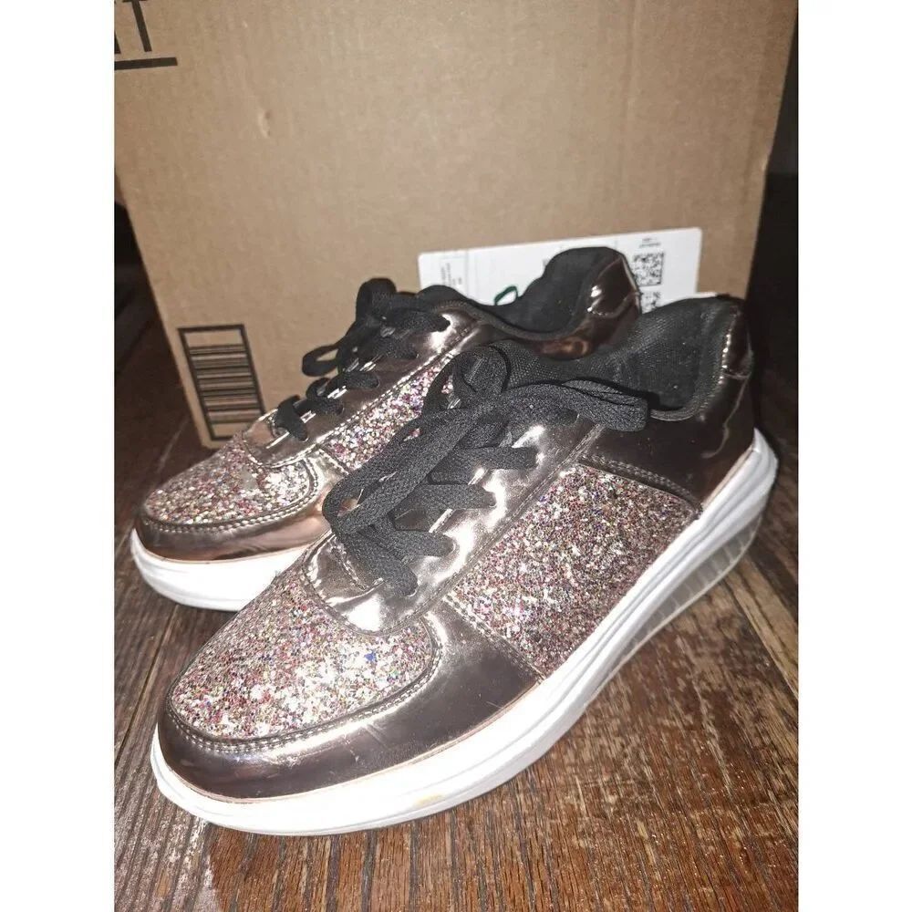 Size 8 Gold Glitter Lace Up Sneakers Athletic Casual Shoes